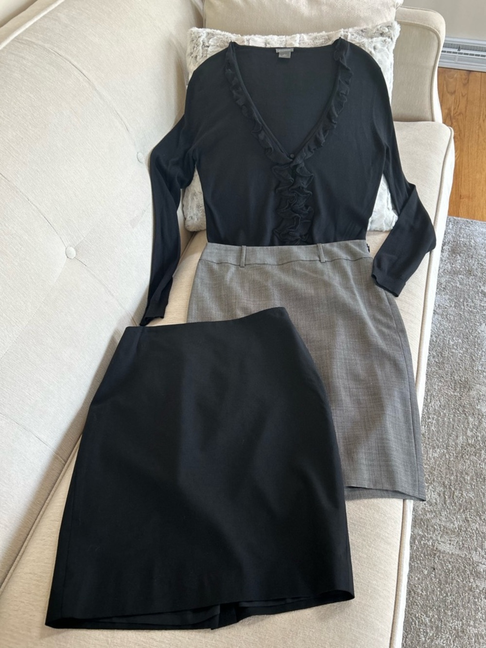 Ann Taylor Black Pencil Skirt & Gray Black Skirt with Button Down Black Sweater